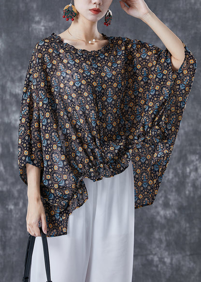 Unique Black Oversized Print Wrinkled Cotton Shirt Batwing Sleeve TA1069