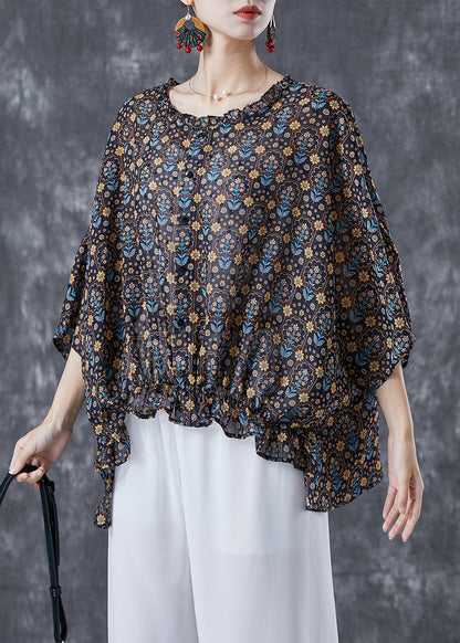 Unique Black Oversized Print Wrinkled Cotton Shirt Batwing Sleeve TA1069