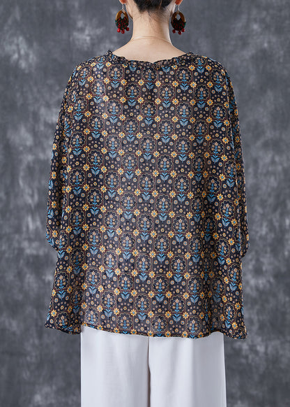 Unique Black Oversized Print Wrinkled Cotton Shirt Batwing Sleeve TA1069