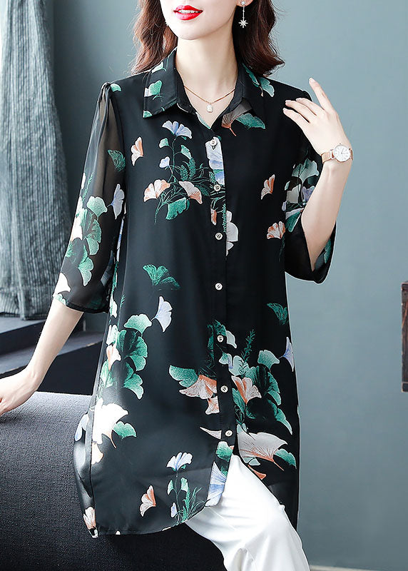 Unique Black Peter Pan Collar Print Patchwork Chiffon Shirts Bracelet Sleeve TF1044