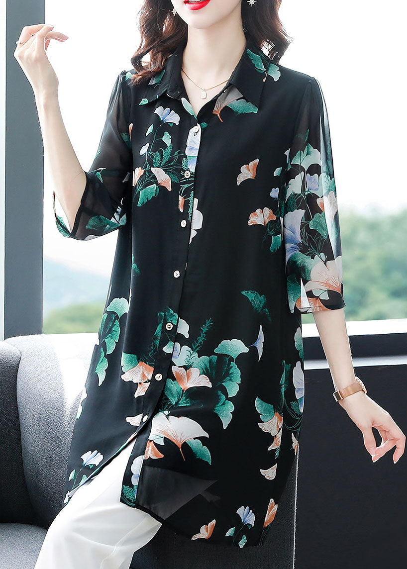 Unique Black Peter Pan Collar Print Patchwork Chiffon Shirts Bracelet Sleeve TF1044