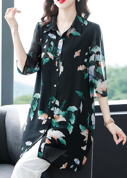 Unique Black Peter Pan Collar Print Patchwork Chiffon Shirts Bracelet Sleeve TF1044