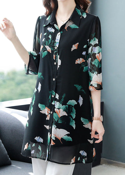 Unique Black Peter Pan Collar Print Patchwork Chiffon Shirts Bracelet Sleeve TF1044