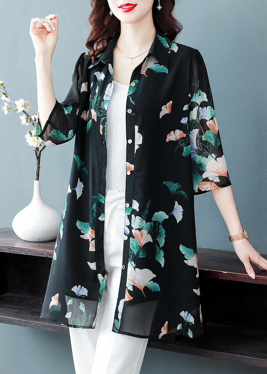 Unique Black Peter Pan Collar Print Patchwork Chiffon Shirts Bracelet Sleeve TF1044