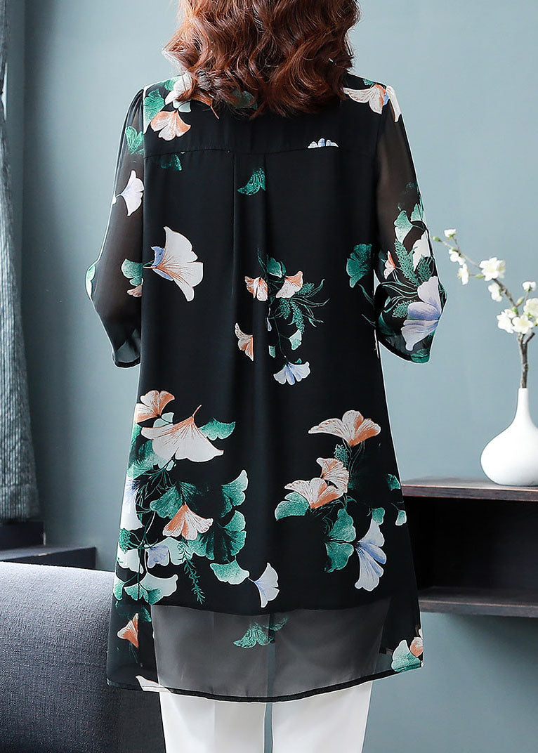 Unique Black Peter Pan Collar Print Patchwork Chiffon Shirts Bracelet Sleeve TF1044