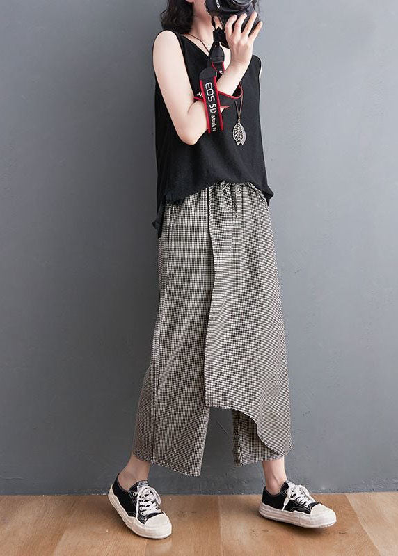 Unique Black Plaid Asymmetrical Design Cotton Crop Pants Summer LY0597