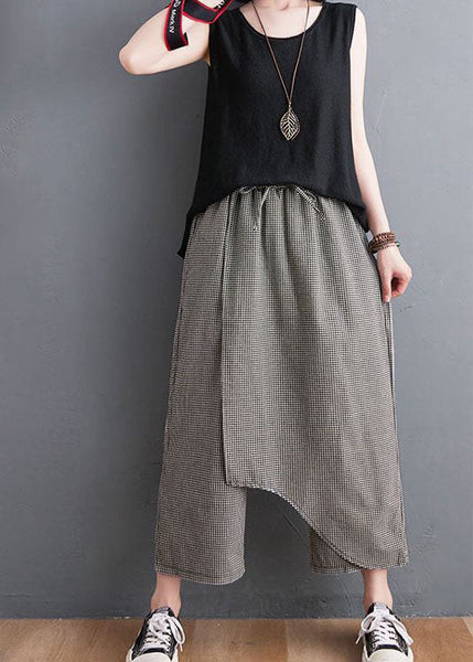 Unique Black Plaid Asymmetrical Design Cotton Crop Pants Summer LY0597