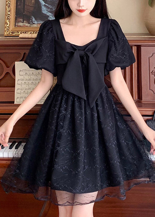 Unique Black Square Collar Patchwork Bow Tulle Mid Dresses Summer TI1014