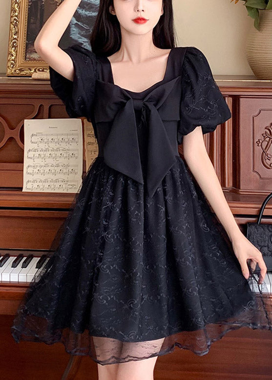 Unique Black Square Collar Patchwork Bow Tulle Mid Dresses Summer TI1014