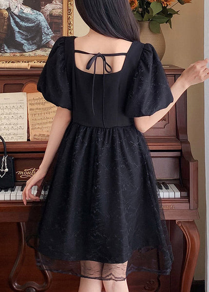 Unique Black Square Collar Patchwork Bow Tulle Mid Dresses Summer TI1014