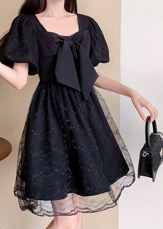 Unique Black Square Collar Patchwork Bow Tulle Mid Dresses Summer TI1014