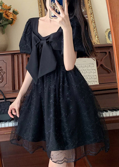 Unique Black Square Collar Patchwork Bow Tulle Mid Dresses Summer TI1014