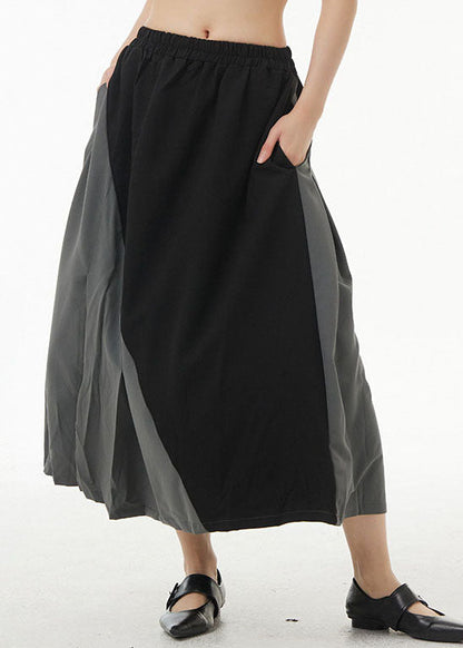 Unique Black Wrinkled Pockets Patchwork Cotton Skirts Summer LY1220