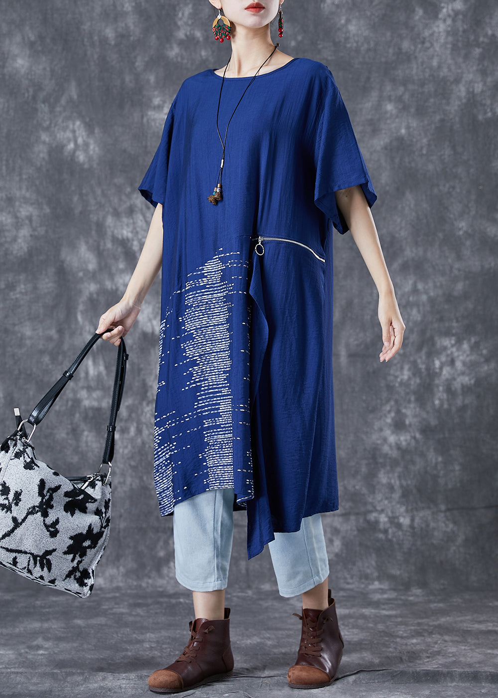 Unique Blue Asymmetrical Patchwork Zippered Cotton Dresses Summer TA1068