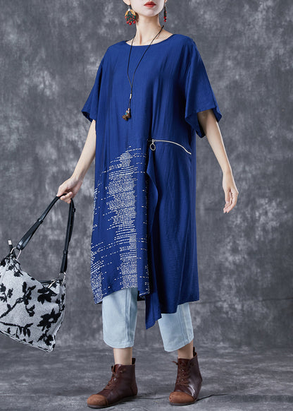 Unique Blue Asymmetrical Patchwork Zippered Cotton Dresses Summer TA1068