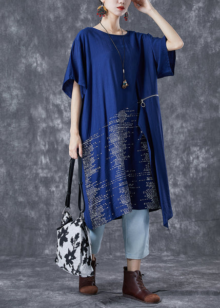 Robe d'été unique en coton bleu asymétrique patchwork zippé TA1068