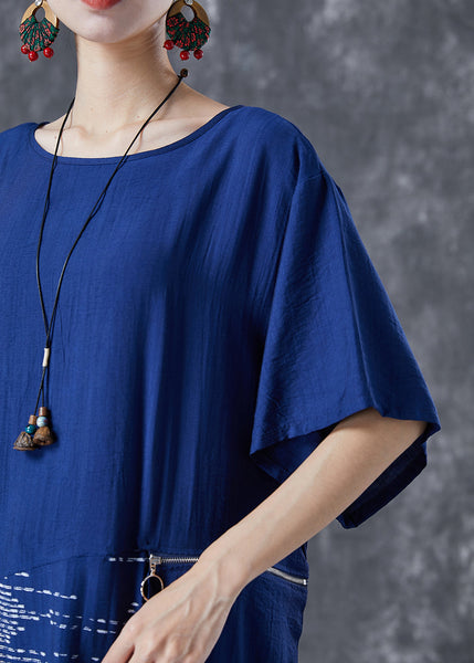 Robe d'été unique en coton bleu asymétrique patchwork zippé TA1068