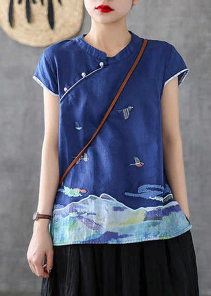 Unique Blue Mandarin Collar Embroideried Cotton Tank Tops Short Sleeve TG1017