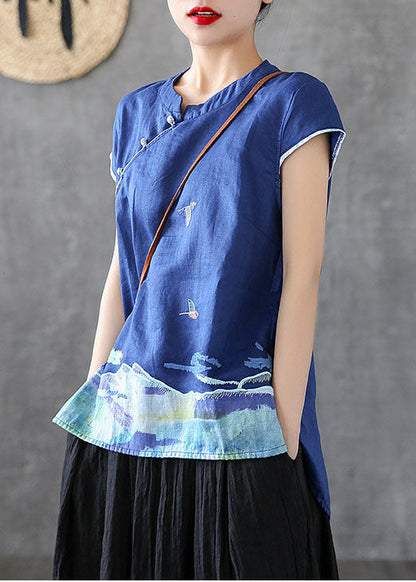 Unique Blue Mandarin Collar Embroideried Cotton Tank Tops Short Sleeve TG1017