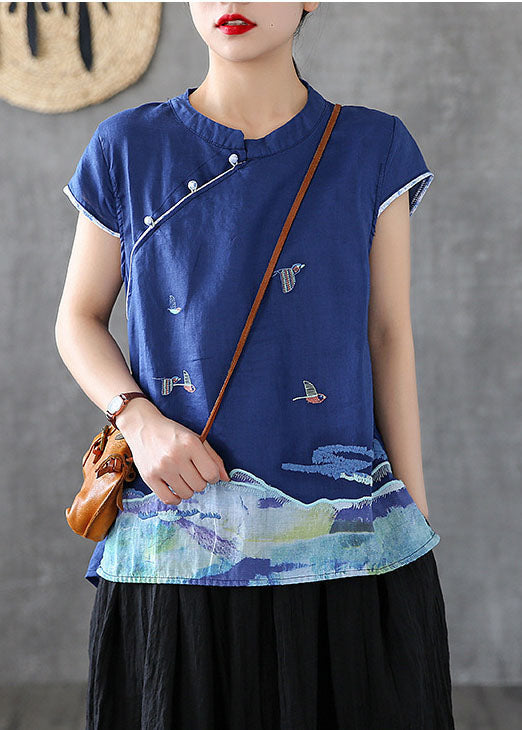 Unique Blue Mandarin Collar Embroideried Cotton Tank Tops Short Sleeve TG1017