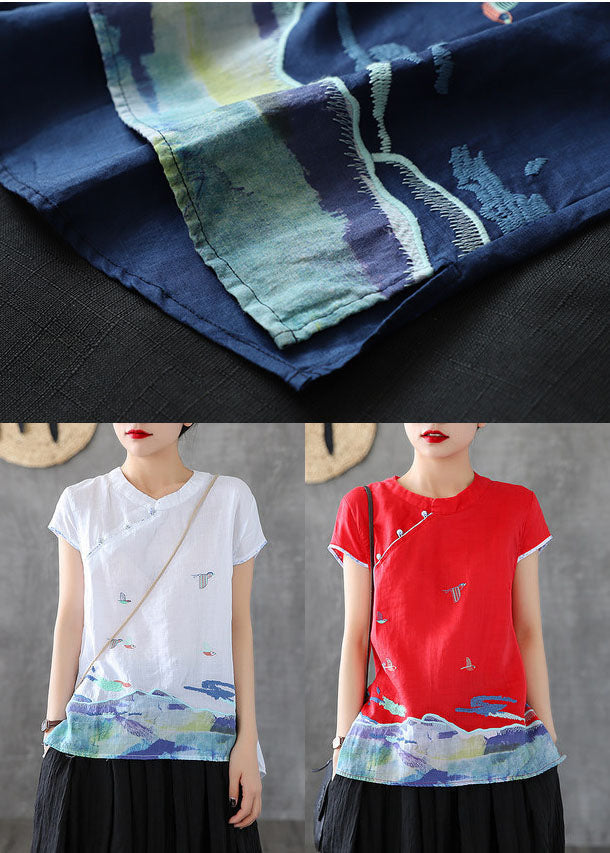 Unique Blue Mandarin Collar Embroideried Cotton Tank Tops Short Sleeve TG1017