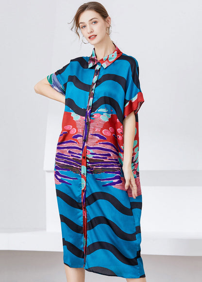 Unique Blue Oversized Print Chiffon Shirt Dress Summer LY0301