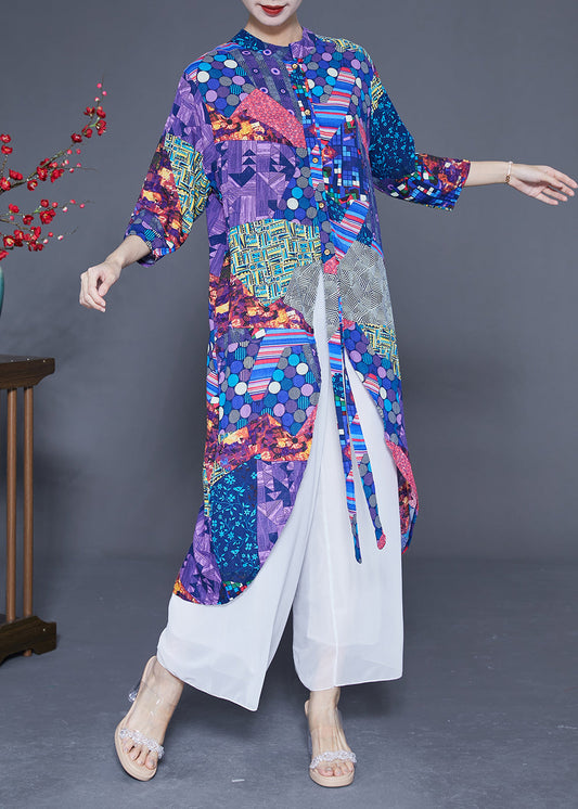 Unique Blue Print Asymmetrical Design Chiffon Long Shirt Summer LY1770