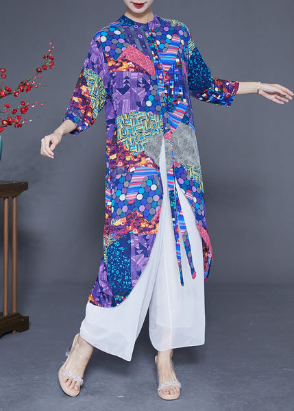 Unique Blue Print Asymmetrical Design Chiffon Long Shirt Summer LY1770