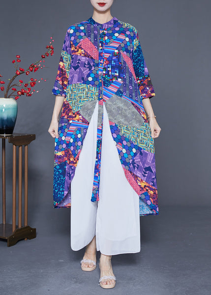 Unique Blue Print Asymmetrical Design Chiffon Long Shirt Summer LY1770