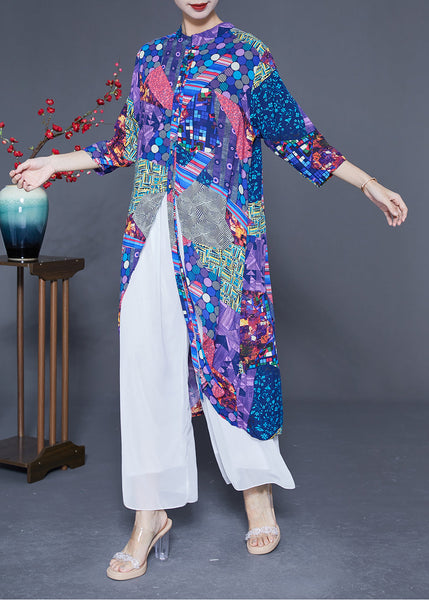 Unique Blue Print Asymmetrical Design Chiffon Long Shirt Summer LY1770