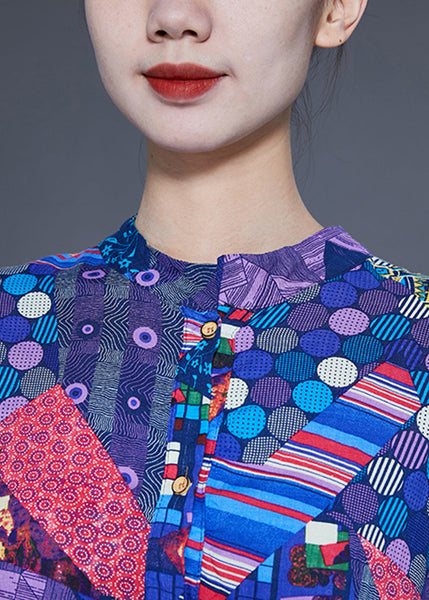 Unique Blue Print Asymmetrical Design Chiffon Long Shirt Summer LY1770