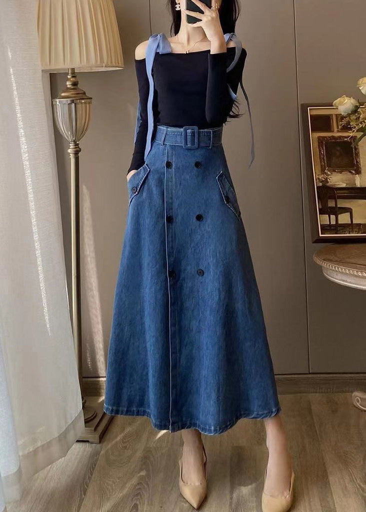 Unique Blue Slash Neck Patchwork Top And Denim Maxi Skirts Two Pieces Set Fall TY1031