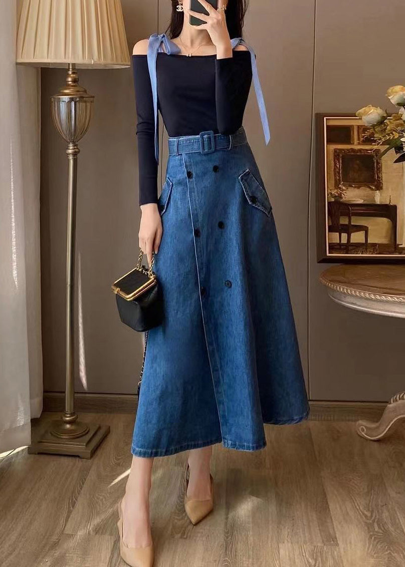 Unique Blue Slash Neck Patchwork Top And Denim Maxi Skirts Two Pieces Set Fall TY1031