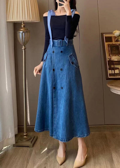 Unique Blue Slash Neck Patchwork Top And Denim Maxi Skirts Two Pieces Set Fall TY1031