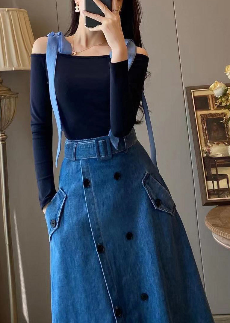 Unique Blue Slash Neck Patchwork Top And Denim Maxi Skirts Two Pieces Set Fall TY1031