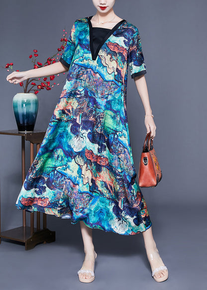 Unique Blue Square Collar Patchwork Tie Dye Silk Robe Dresses Summer LC0428