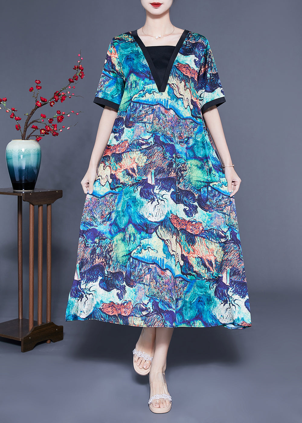 Unique Blue Square Collar Patchwork Tie Dye Silk Robe Dresses Summer LC0428