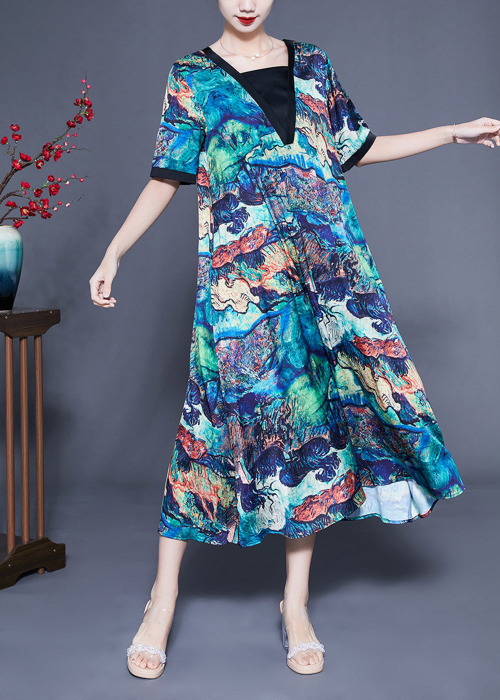 Unique Blue Square Collar Patchwork Tie Dye Silk Robe Dresses Summer LC0428