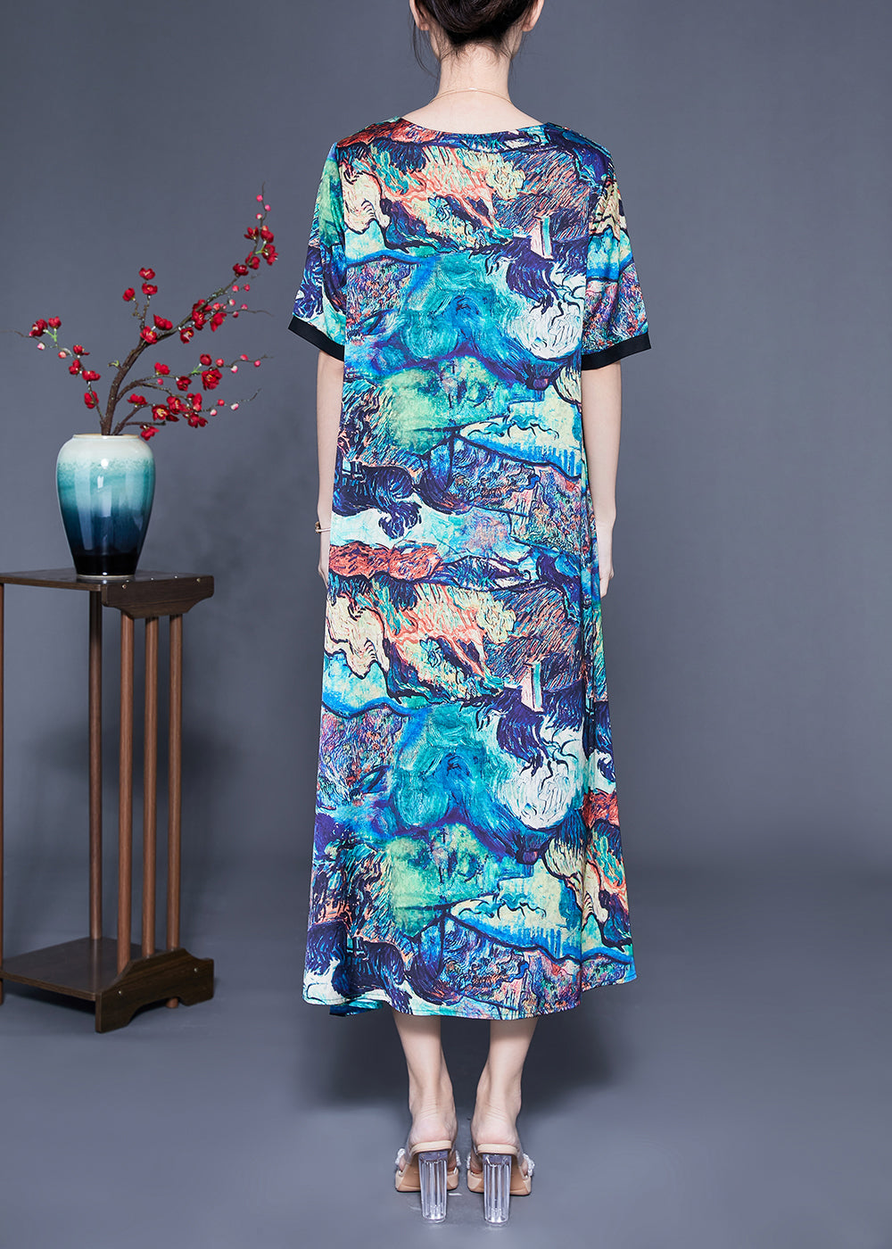 Unique Blue Square Collar Patchwork Tie Dye Silk Robe Dresses Summer LC0428