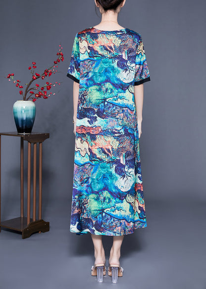 Unique Blue Square Collar Patchwork Tie Dye Silk Robe Dresses Summer LY1084