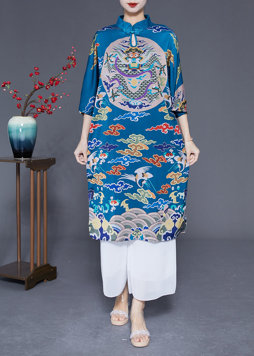 Unique Blue Stand Collar Side Open Silk Chinese Style Dress Half Sleeve LY1780