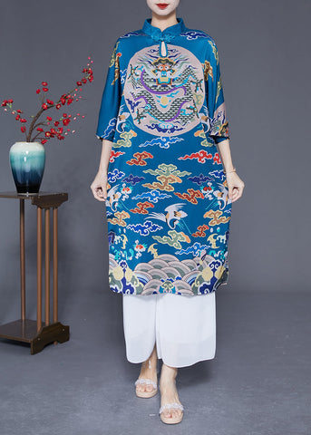 Unique Blue Stand Collar Side Open Silk Chinese Style Dress Half Sleeve LY1780
