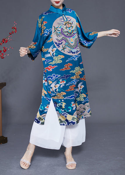 Unique Blue Stand Collar Side Open Silk Chinese Style Dress Half Sleeve LY1780