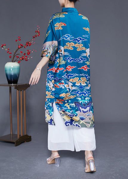 Unique Blue Stand Collar Side Open Silk Chinese Style Dress Half Sleeve LY1780