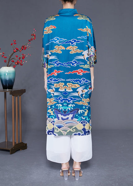 Unique Blue Stand Collar Side Open Silk Chinese Style Dress Half Sleeve LY1780