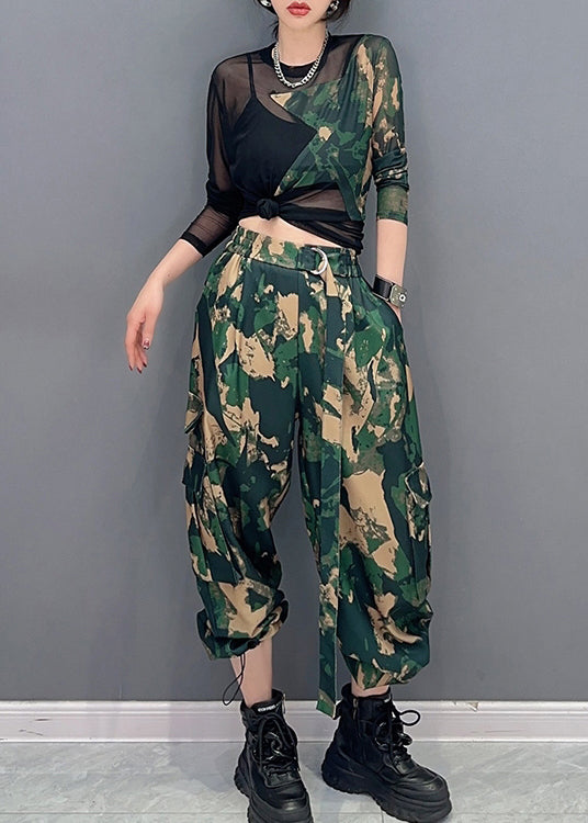 Unique Camouflage Print Tulle Patchwork Top And Pants Two Pieces Set Spring