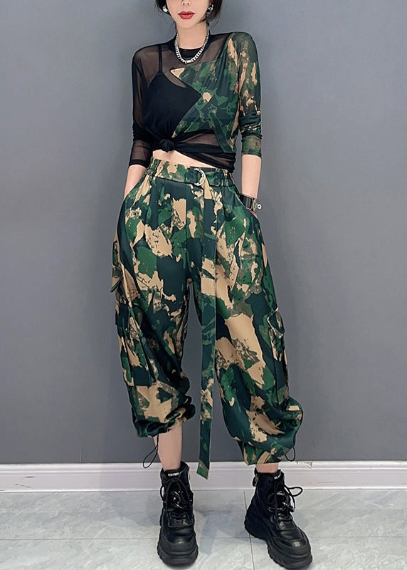 Unique Camouflage Print Tulle Patchwork Top And Pants Two Pieces Set Spring LC0303