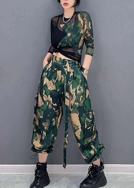 Unique Camouflage Print Tulle Patchwork Top And Pants Two Pieces Set Spring LC0303