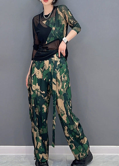 Unique Camouflage Print Tulle Patchwork Top And Pants Two Pieces Set Spring LC0303