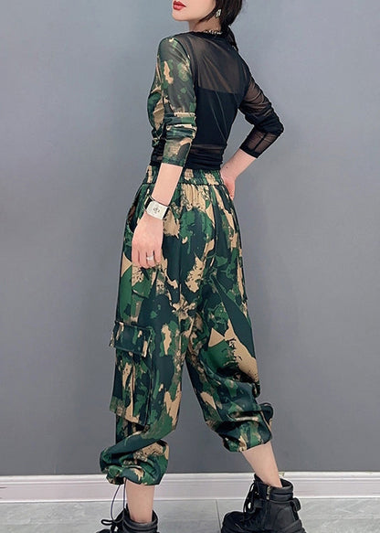 Unique Camouflage Print Tulle Patchwork Top And Pants Two Pieces Set Spring LC0303